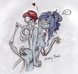 artist_signature blue_hair bonejangles bowler_hat colored_sketch corpse_bride emily_(corpse_bride) english_text heart jackandsally4ever skeleton sketch small_breasts speech_bubble text tim_burton warner_brothers zombie zombie_girl