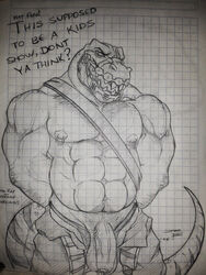 1boy abs anthro bad_rap biceps big_biceps big_muscles big_penis body_hair bondage bound chest_hair clothed clothing dialogue dinosaur english_text extreme_dinosaurs front_view genital_piercing grid_paper hairy hands_behind_back jrbart looking_at_viewer male male_only manly monochrome muscular muscular_male nipple_piercing nipples paper pecs penis penis_piercing piercing reptile scalie sketch solo standing text theropod traditional_media_(artwork) tyrannosaurus_rex uncut