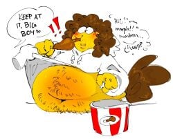 belly belly_hair blush brown_hair chicken_meat chicken_tail disembodied_hand drumstick_(food) eating eating_food fat fat_belly fat_fetish fat_man feederism feeding lifting_shirt obese raunchyrodeo shedletsky