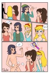 1boy 2girls autonomous blonde_hair blue_eyes blush brown_eyes brown_hair canon_couple canon_crossdressing comic comic_page comic_panel dominant_female dress femboy femdom feminization futanari futanari_transformation girly horns humiliation janna_ordonia magic magical_girl malesub marco_diaz nude nude_female otoko_no_ko otokonoko princess_marco reverse_trap role_reversal sissy star_butterfly star_vs_the_forces_of_evil submissive submissive_male tomboy trap wand