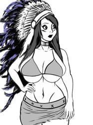 bedaxe bikini bikini_top black_eyes black_hair breasts bursting_breasts choker feathers hand_on_hip hitomi_tanaka large_breasts long_hair monochrome native native_american native_american_headdress skirt