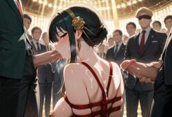 ai_generated being_watched blowjob bondage bound cum cum_on_back drool drooling exhibitionism public public_sex public_use saliva saliva_trail spy_x_family submissive yor yor_briar