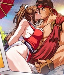 1boy artist_request bare_shoulders blush breast_press breasts brown_hair cleavage closed_eyes clothing couple crossover fatal_fury female fingerless_gloves gloves headband headwear high_ponytail holding japanese_clothes king_of_fighters kissing large_breasts long_hair mai_shiranui male muscle muscular muscular_male no_bra oil-paper_umbrella pectorals pelvic_curtain ponytail rain red_headband revealing_clothes ryu_(street_fighter) sash short_hair sideboob snk straight street_fighter surprised thick_thighs thighs topless_male traditional_clothes umbrella wafuku