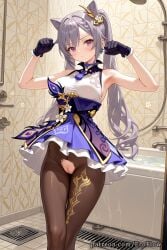 1girls 2025 ai_generated armpit armpits arms_up bangs bare_shoulders bathroom black_pantyhose blush breasts brown_pantyhose choker closed_mouth cone_hair_bun dress earrings eroflow frills genshin_impact gloves hair_ornament hi_res highres hoyoverse jewelry keqing_(genshin_impact) keqing_(genshin_impact)_(cosplay) long_hair looking_at_viewer medium_breasts mihoyo mihoyo_technology_(shanghai)_co._ltd. neck_tassel no_panties pantyhose patreon paw_pose purple_choker purple_eyes purple_gloves purple_hair purple_skirt pussy skirt sleeveless solo standing torn_clothes torn_pantyhose twintails voluptuous voluptuous_female