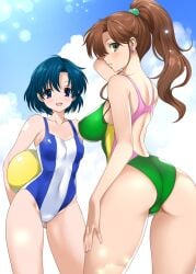 2_girls alluring ami_mizuno ass back_cutout ball big_breasts bikini bishoujo_senshi_sailor_moon blue_eyes blue_hair blue_one-piece_bikini blue_sky brown_hair clothing_cutout cloud competition_swimsuit contrapposto covered_navel cowboy_shot female_focus green_eyes highleg highleg_one-piece_bikini long_hair looking_back makoto_kino medium_breasts mitarashi_kousei multicolored_bikini multiple_girls one-piece_bikini ponytail short_hair sky standing swimsuit two-tone_bikini