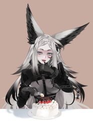 :p animal_ears bangs blue_eyes blush breasts brown_background bunny_ears cake chains dya_rikku_(vtuber) elbow_gloves female food fork fruit gloves licking long_hair long_sleeves looking_at_viewer pink_background plate silver_hair simple_background smile solo strawberry table tongue tongue_out upper_body vyugen white_hair