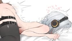 1boy anby_demara arched_back belt black_thighhighs commentary face_in_pillow female grey_hair headphones heart lying motion_lines nude on_stomach pillow prone_bone sex sex_from_behind sheet_grab short_hair solo_focus straight symbol-only_commentary thigh_belt thigh_strap thighhighs yzr_(yzr99) zenless_zone_zero