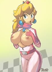 1girls areolae big_breasts blonde_hair blue_eyes bodysuit breasts breasts_out crown ear_piercing earrings female female_only gloves hair headwear huge_breasts kipnitt mario_(series) neckwear nintendo nipple_piercing nipples pierced_nipples piercing piercings pink_gloves princess_peach racing_suit solo solo_female unzipped unzipped_bodysuit zipper_down