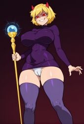 ai_generated big_breasts blonde_hair blonde_hair cameltoe devil_horn dress evil female horns mary_lee_walsh panties red_eyes scepter short_hair smile solo sonichu sonichu_(character) stockings updress violet_dress violet_stockings white_panties