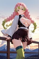 1girls 2025 against_railing ai_generated bangs belt black_skirt blush braid breasts breasts_out closed_mouth curvaceous demon_slayer demon_slayer_uniform eroflow female_only green_eyes green_hair green_thighhighs haori hi_res highres japanese_clothes kanroji_mitsuri kanroji_mitsuri_(cosplay) kimetsu_no_yaiba large_breasts long_hair long_sleeves looking_at_viewer mole mole_under_each_eye mountain multiple_moles nipples open_clothes outdoors partially_unbuttoned patreon pink_hair pleated_skirt ribbed_legwear skirt smile solo thighhighs thighs twin_braids voluptuous voluptuous_female white_belt
