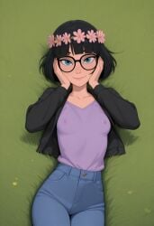 2d ai_generated black-framed_eyewear black_hair black_jacket blue_eyes blunt_bangs bob_cut civitai cute cute_face denim female flower_crown geneker girl glasses head_in_hands iris_verdi jeans lila_rossi long_sleeves looking_at_viewer lying_on_back miraculous:_tales_of_ladybug_and_cat_noir miraculous_ladybug on_grass open_jacket pants purple_shirt relaxed short_hair slender small_breasts soft_smile solo solo_female visible_boobs visible_nipples
