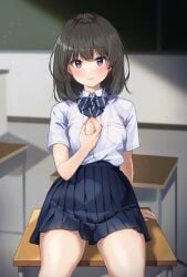 1girls black_hair blush bra breasts chalkboard classroom cleavage commentary_request desk highres indoors looking_at_viewer medium_hair neck_ribbon original partial_commentary pleated_skirt purple_eyes ribbon school_desk shirt sitting skirt smile solo unasaka_ryou underwear white_bra white_shirt