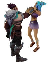 3d bigger_male blue_hair choking damsel_in_distress defeated draven eyes_rolling_back feet helpless holding_up league_of_legends league_of_legends:_wild_rift ocean_song_zeri passing_out petite petite_female size_difference smaller_female suffocation toes zeri_(league_of_legends)