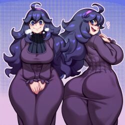 1girl @_@ ahoge ai_generated ass blush breasts breath demerzel dress female hairband halftone halftone_background hex_maniac large_breasts long_hair looking_at_viewer looking_back multiple_views plump pokemon pokemon_xy polka_dot polka_dot_background purple_dress purple_eyes purple_hairband ribbed_sweater smile spiral_eyes thick_thighs
