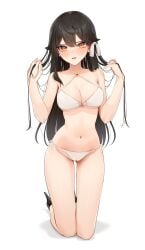 1girls ass_visible_through_thighs bare_legs bare_shoulders bare_thighs belly_button black_hair blush cleavage earrings eggy_tamagoki_(vtuber) exposed_shoulders exposed_torso hair_ornament heels hi_res high_heels highres indie_virtual_youtuber kneeling legs looking_at_viewer medium_breasts navel pussy_visible_through_clothes pussy_visible_through_panties solo solo_female solo_focus string_bikini string_panties thigh_gap thighs tummy vagina_visible_through_clothing vaughnilla virtual_youtuber white_background white_bikini yellow_eyes
