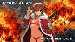 belly belly_button bikini brown_eyes brown_hair christmas_clothing christmas_headwear christmas_outfit cleavage female female_only gun looking_at_viewer official_art peace_sign picopico256 pistol pixel_art sakuragi_kei smiling tanned_female tanned_skin the_scramble_vice tomboy