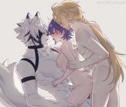 2boys abs absurdres animal_ear_fluff animal_ears artist_name ass belle_(zenless_zone_zero) blonde_hair blue_hair blush breasts ccxvi_201116 closed_eyes closed_mouth completely_nude cowgirl_position doggy_style female french_kiss furry furry_male furry_with_non-furry group_sex heavy_breathing highres hugo_vlad interspecies kissing medium_breasts moaning multiple_boys nude open_mouth penis sex sex_from_behind sideboob smile straddling threesome twitching twitter_username von_lycaon white_hair wolf_ears zenless_zone_zero