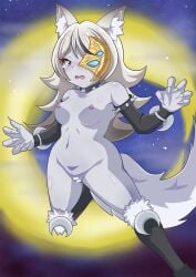 almost_completely_nude breasts_out censored_pussy clothes_removed dog_ears dog_tail duel_monster female furry long_fingernails lunalight lunalight_silver_hound more_at_source pose purple_nipples pussy silver_eyes silver_fur silver_hair spiked_collar tears torn_clothes yu-gi-oh!