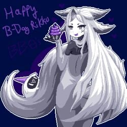 animal_ears blue_background character_name dress dya_rikku_(vtuber) female food furry heart holding horns long_hair looking_at_viewer looking_back outline smile solo tail transparent_background very_long_hair vyugen white_hair white_outline white_skin