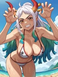 1girls 2025 ai_generated anime beach belly breasts colored_hair colored_horns crunchyroll deviantart elryusam evil_grin evil_smile grinning_at_viewer horns_girl large_breasts looking_at_viewer manga meta nipples_visible_through_bikini nipples_visible_through_bra one_piece porn pornography scaring smile_at_viewer smiling_at_partner toei_animation tummy vagina wet_bikini wet_body wet_skin white_bikini yamato_(one_piece) yellow_earrings yellow_eyes