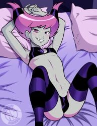 1girls 2023 alternate_version_available blush bottomwear breasts dc dc_comics female female_only grey_body grey_skin hair hands_behind_head jinx_(dc) legwear megasweet neckwear on_bed pillow pink_eyes pink_hair purple_thighhighs redraw small_breasts smile solo solo_female striped_thighhighs thighhighs topwear