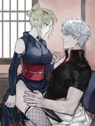 big_breasts blonde_hair blush breasts detailed_background eye_contact female fishnet_thighhighs fishnets fully_clothed gintama gintoki_sakata hair_ornament indoors kimono kunai looking_at_another male no_visible_genitalia obi pale-skinned_female pale-skinned_male pale_skin profile side_view single_detached_sleeve sitting sitting_on_lap sitting_on_person straddling thighhighs tied_hair tsukuyo white_hair wholesome zakirsiz