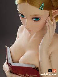 2025 3d 3d_(artwork) artist_name bob_cut book_and_boob book_covering_breasts boosty_username elf eye_contact green_eyes hi_res naked nextr3d nintendo nude nudeprincesss pinup princess_zelda softcore tears_of_the_kingdom the_legend_of_zelda twitter_username watermark zelda_(tears_of_the_kingdom)
