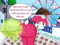 anthro apotos ass big_butt bodily_fluids chip_(sonic) embarrassed eulipotyphlan fart fart_cloud fart_fetish farting_at_viewer hi_res male male_farting mammal presenting presenting_hindquarters sega solo sonic_(series) sonic_the_hedgehog_(series) sonic_unleashed speech_bubble supersonicparty18 sweat sweatdrop tail windmill windmill_isle wings