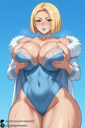 1girls ai_generated ass_visible_through_thighs big_breasts blonde_female blonde_hair blue_background blue_eyes blue_leotard blue_lips blue_lipstick blue_nails blush bob_cut breasts caucasian caucasian_female choker cleavage closed_mouth collarbone covered_navel curvy emma_frost emma_frost_(marvel_rivals) female fur_trim hands_on_breasts huge_breasts jacket large_breasts leotard lipstick looking_at_viewer makeup marvel marvel_comics marvel_rivals nail_polish short_hair solo sweat thick_legs thick_thighs thigh_gap thighs unjobdespiert wide_hips
