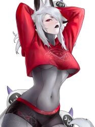 animal_ears arms_up blush breasts clothes_writing covered_navel covered_nipples crop_top crop_top_overhang demon_girl dya_rikku_(vtuber) female grey_hair horns large_breasts long_hair long_sleeves looking_at_viewer meme_attire midriff navel no_bra red_eyes red_shirt shirt shorts solo tail tongue underboob vyugen white_background white_hair