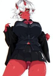 akumi ass_visible_through_thighs bangs black_jacket black_nails black_skirt blush bow bowtie breasts closed_mouth cowboy_shot eyebrows_visible_through_hair female fingernails hair_between_eyes horns jacket large_breasts lifted_by_self long_sleeves looking_at_viewer miniskirt nail_polish oni oni_horns open_clothes open_jacket pleated_skirt pointy_ears red_bow red_neckwear red_oni red_skin ribbon school_uniform shirt short_hair simple_background skirt skirt_lift solo standing thighs vyugen white_background white_hair yellow_eyes