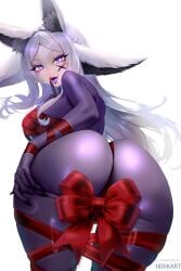 animal_ear_fluff animal_ears artist_name ass bent_over blue_eyes bodysuit bound box breasts candy chocolate dya_rikku_(vtuber) fangs female fingernails fox_ears gift large_breasts long_hair looking_at_viewer looking_back nail_polish naked_ribbon open_mouth panties ribbon silver_hair simple_background smile solo striped tail tongue valentine vyugen white_background white_hair