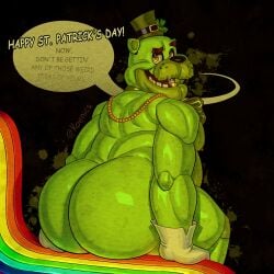 1:1 absurd_res animatronic anthro ass bear big_butt bubble_butt clothing clover_(plant) clover_leaf english_text five_nights_at_freddy's four_leaf_clover freddy_(fnaf) gloves gold_(metal) gold_tooth green_body green_clothing green_hat green_headwear handwear hat headgear headwear hi_res holidays huge_butt jewelry koenics leaf looking_at_viewer looking_back looking_back_at_viewer machine male mammal mostly_nude musclegut muscular necklace plant presenting presenting_hindquarters rainbow rear_view robot shamrock shamrock_freddy_(fnaf) sitting solo st._patrick's_day talking_to_viewer text top_hat
