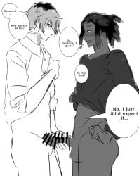 2boys 2d_(artwork) amberlance censor_bar dark-skinned_male dick fanganronpa gay gay_male hall_desmond light-skinned_male male male/male monteago_kai penis penis_awe penis_size_difference project:_eden's_garden semi_clothed size_comparison talking_to_another yaoi