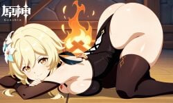 ai_generated ass ass_focus bending_over bent_over big_ass big_breasts blonde_female blonde_hair curvy_female curvy_figure female huge_ass huge_breasts large_ass lumine_(genshin_impact) thigh_highs
