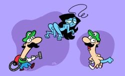 2boys anal anal_sex ass balls black_hair blue_body blue_overalls blue_penis boner cartoony clothed_male_nude_male clothing doodle erection facial_hair floating gay genitals ghost gloves green_hat green_shirt hat holding_object humanoid humanoid_male light-skinned_male light_skin long_hair long_neck luigi luigi's_mansion male male/male male_only mario_(series) mature mature_male moustache nintendo nude nude_male open_mouth overalls penis penis_in_anus purple_background sex shirt short_hair testicles white_gloves zaribot