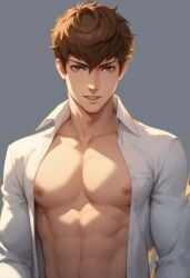 abs anime anime_style boys hot_body male_focus male_nipples male_only muscles muscular_male sexy shirt_open white_shirt young