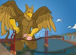 5_fingers abs anthro avian balls beak biped bridge brown_body building building_destruction carpo city cityscape claws crush destruction detailed_background erection extreme_size_difference feathered_wings feathers finger_claws fingers genitals gryphon house humanoid_genitalia humanoid_penis macro macro_anthro macro_male male mkvero muscular muscular_anthro muscular_male mythological_avian mythological_creature mythology nude outside pecs penile penis penis_smack pyronite(commissioner) rampage river size_difference sky smile solo tail vehicle vehicle_destruction water wings