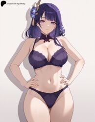 1girls ai_generated ass_visible_through_thighs bare_shoulders bow_panties bowtie breasts eyebrows_visible_through_hair female fingernails genshin_impact hair_ornament hair_over_shoulder hands_on_own_hips hi_res high_quality high_resolution highres huge_breasts large_breasts light_blush lingerie lips looking_at_viewer midriff navel nose opal_nemy panties patreon patreon_username plain_background purple_eyes purple_hair purple_panties raiden_shogun self_upload shadow short_hair simple_background thick_thighs thighs watermark white_background wide_hips