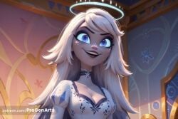 1girls ai_generated artist_name black_lips blue_eyes breasts choker cleavage dress emily_(hazbin_hotel) freckles halo hazbin_hotel hi_res indoors long_hair looking_at_viewer makeup medium_breasts open_mouth progenarts puffy_sleeves smile solo teeth upper_body upper_teeth_only white_dress white_hair