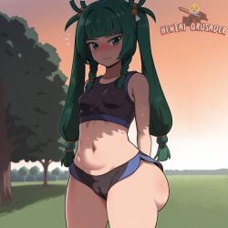 1female ai_generated belly belly_button big_ass cameltoe embarrassed green_hair hentaiqrusader hoyoverse navel qingyi_(zenless_zone_zero) small_breasts solo solo_focus sports_bra sportswear thick_thighs zenless_zone_zero