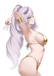 armpit arms_up ass bikini blue_nail_polish blue_nails blush blush blush_lines blushing_at_viewer breasts breath breath_cloud breathing female female_focus female_only golden_armlet golden_bikini golden_bra golden_panties golden_swimsuit green_eyes high_resolution hololive hololive_indonesia hololive_indonesia_holoro indonesian large_breasts light-skinned_female light_skin milkers pavolia_reine peace_sign peacock peacock_feathers peacock_girl ponytail ponytail_female raikkonen sexy sexy_body sexy_pose side_view smile smiley_face smiling smiling_at_viewer sweat sweatdrop sweating sweaty sweaty_armpit sweaty_ass sweaty_belly sweaty_body sweaty_breasts sweaty_face sweaty_female sweaty_thighs swimsuit thighs tired tired_expression tired_eyes tired_look upscaled virtual_youtuber vtuber vtuberfanart waifu2x white_hair