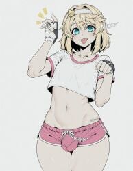 1boy :p ai_assisted ai_generated aqua_eyes bangs black_gloves blonde_hair blue_eyes bridget bulge collarbone cowboy_shot crop_top dolphin_shorts english_text fingerless_gloves gloves grey_background guilty_gear hair_between_eyes hairband looking_at_viewer male_focus medium_hair midriff navel otoko_no_ko paw_pose shirt short_shorts short_sleeves shorts simple_background smile solo sondu thighs tongue tongue_out white_background white_gloves white_shirt