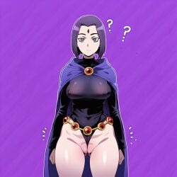 1girls ? ai_generated barely_visible_pussy big bodysuit breasts cameltoe clothing d-art_style emotionless expressionless female full_body purple_hair pussy pussy_floss raven_(dc) sagging_breasts tight_clothing wardrobe_malfunction