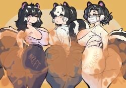 3girls animal_ears ass ass_bigger_than_head big_ass big_breasts big_butt black_hair blue_eyes breast_to_breast breasts brown_eyes butt_digging denim digging_up_in_they_ass dress face_mask facemask fart fart_cloud fart_fetish farting female female_only hand_in_ass heart-shaped_pupils jeans looking_at_viewer looking_back looking_back_at_viewer mask masked masked_female milosartses one_eye_closed orange_background pink_eyes ponytail rear_view skunk_ears skunk_girl skunk_tail standing tail two_tone_hair viewed_from_behind white_hair yoga_pants
