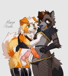 2025 absurd_res animal_genitalia animal_penis anthro anthro_on_anthro arm_tuft australian_shepherd balls canid canine canine_genitalia canine_penis canis chest_tuft clothed clothing countershading domestic_dog duo erection femboy fishnet_clothing fishnet_legwear fluffy fluffy_tail genitals hi_res kanon_(applejacksville) knot leg_tuft legwear male male/male mammal manyannaise neck_tuft no_underwear open_mouth partially_clothed penis raccoon_dog shoulder_tuft simple_background tail tanuki thigh_highs thigh_tuft touching_chest tuft underwear underwear_down