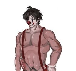 big_penis clown clown_boy clown_makeup clown_nose cum_on_penis gloves lighter_(zenless_zone_zero) male male_only muscular muscular_male overalls overalls_only penis
