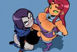 1futa ai_generated breasts dc dc_comics fellatio female from_above futa_on_female futadom futanari grey_body grey_skin high-angle_view intersex kneeling mullon novelai oral raven_(dc) starfire sweat tamaranean teen_titans