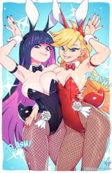2girls animal_ears arm_around_waist armlet armpits asymmetrical_docking black_leotard black_nails blonde_hair bow bowtie breast_press breasts bunnysuit colored_inner_hair commentary detached_collar earrings english_commentary fake_animal_ears fake_tail fishnet_pantyhose fishnets highleg highleg_leotard highres hoop_earrings jewelry kajin_(kajinman) kajinman large_breasts leotard looking_at_viewer medium_breasts mole mole_on_breast multicolored_hair multiple_girls panty_&_stocking_with_garterbelt panty_anarchy pantyhose pink_lips playboy_bunny purple_hair rabbit_ears rabbit_pose rabbit_tail red_leotard red_nails smile stocking_anarchy strapless strapless_leotard tail wrist_cuffs