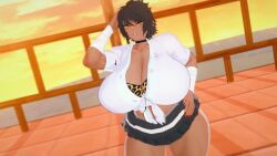 1girls 3d 3d_(artwork) alternate_version_available baobabz big_breasts black_hair breasts_bigger_than_head choker dark-skinned_female dark_hair gigantic_breasts huge_breasts mole mole_under_eye red_nails short_hair short_skirt tomboy top_heavy voluptuous white_shirt yellow_eyes